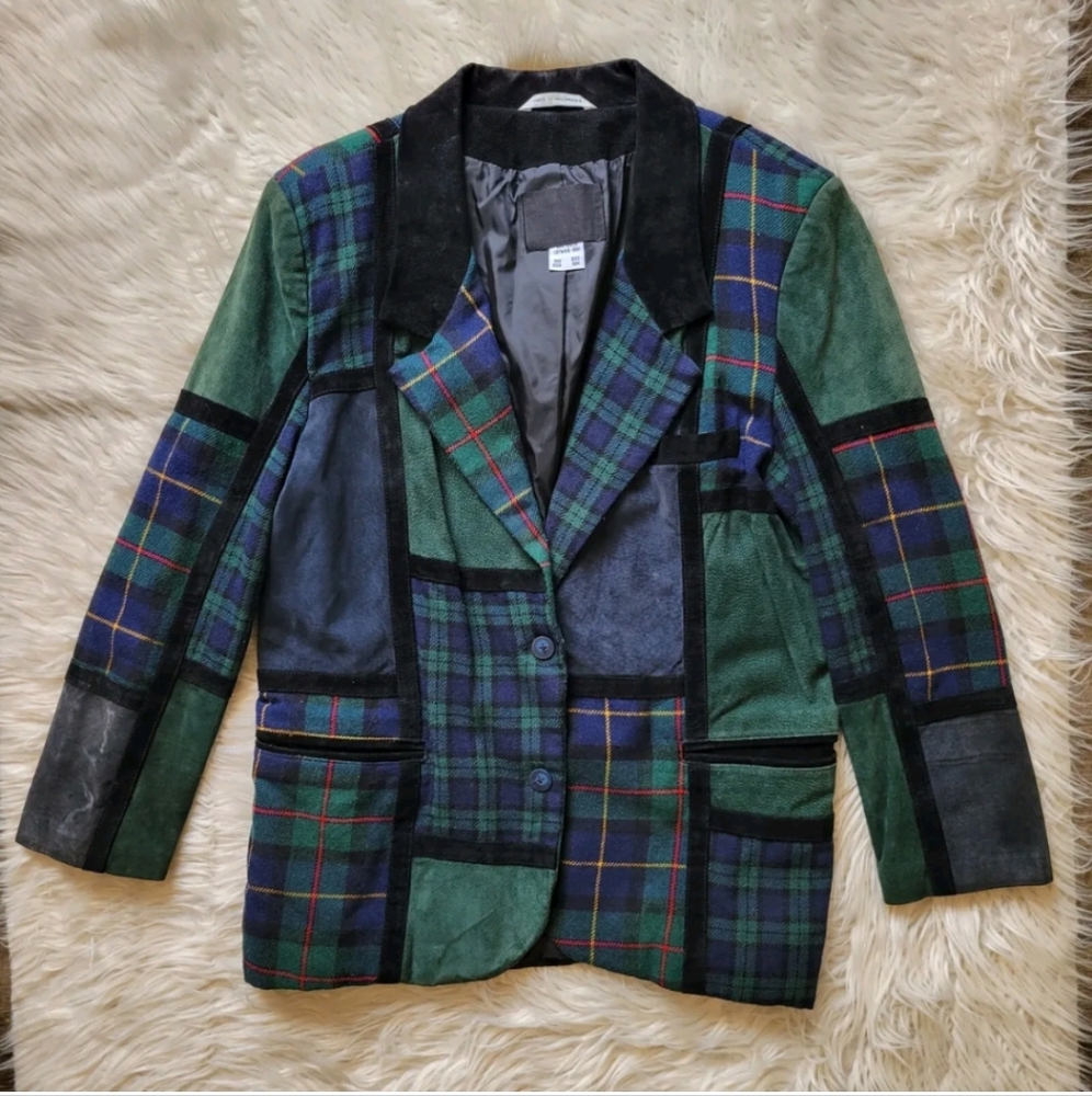 Vtg Suede Patchwork Plaid Leather Women Blazer Jacket 16 Blue Green Color Block